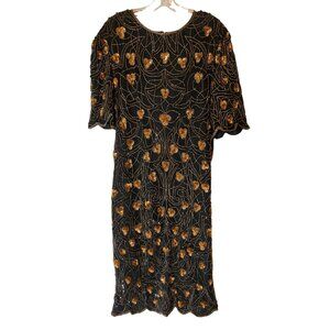 Vintage Carina By Barry Lee Beaded Silk Dress Black & Gold Art Deco Style 1X